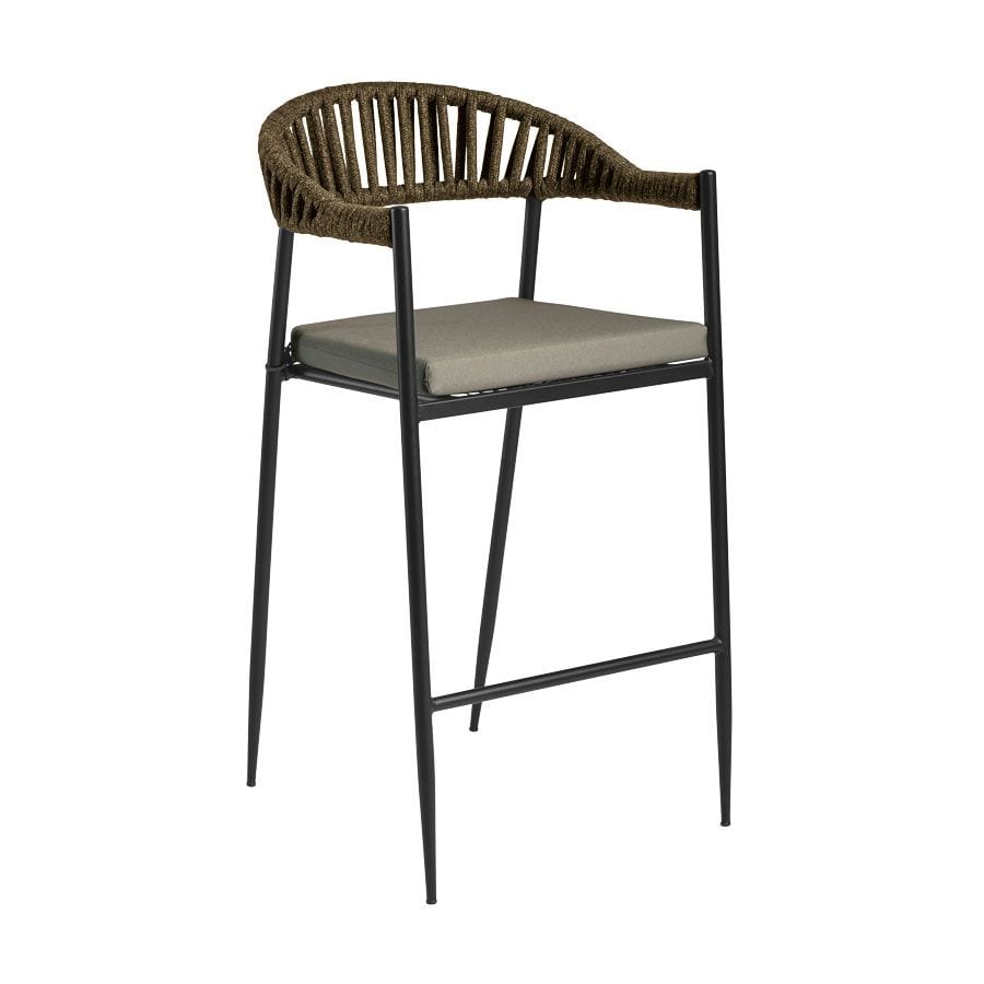 TICO Rope Bar Stool - Matt Black Frame - Tan Weave/Taupe Cushions