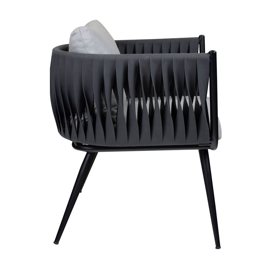 mozzini belt 1 seater armchair matt black frame / anthracite rope weave / light grey cushions za.6766c